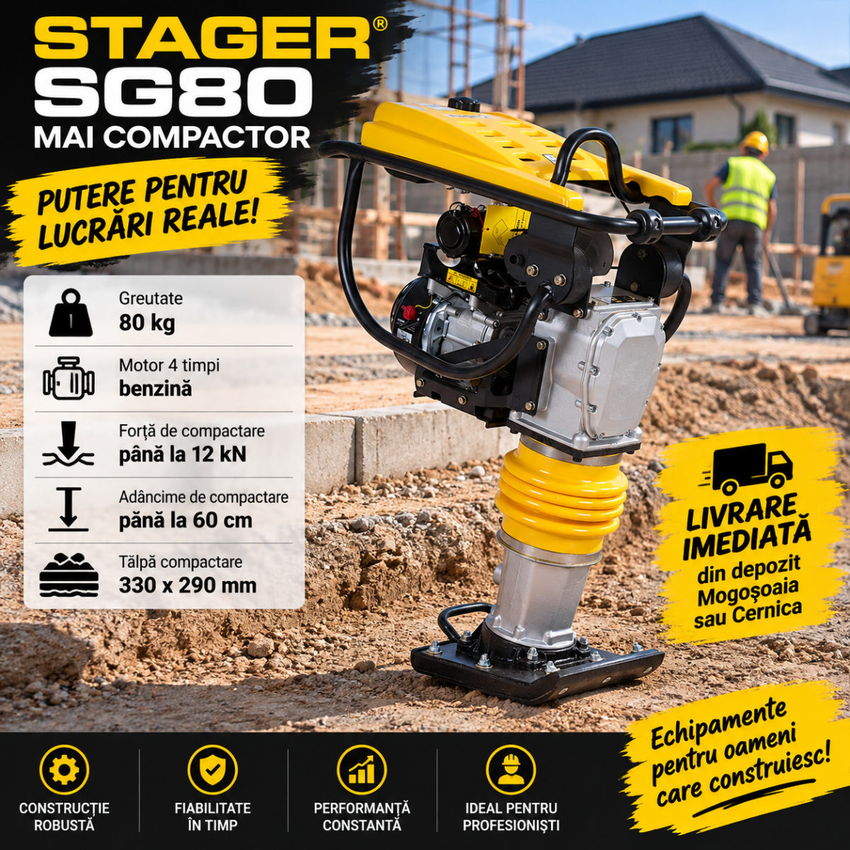 Mai compactor STAGER SG80 de 80 kg pentru lucrări de construcții și compactarea solului