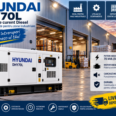 Generator de curent diesel Hyundai DHY70L 70 kVA pentru hale industriale și centre logistice