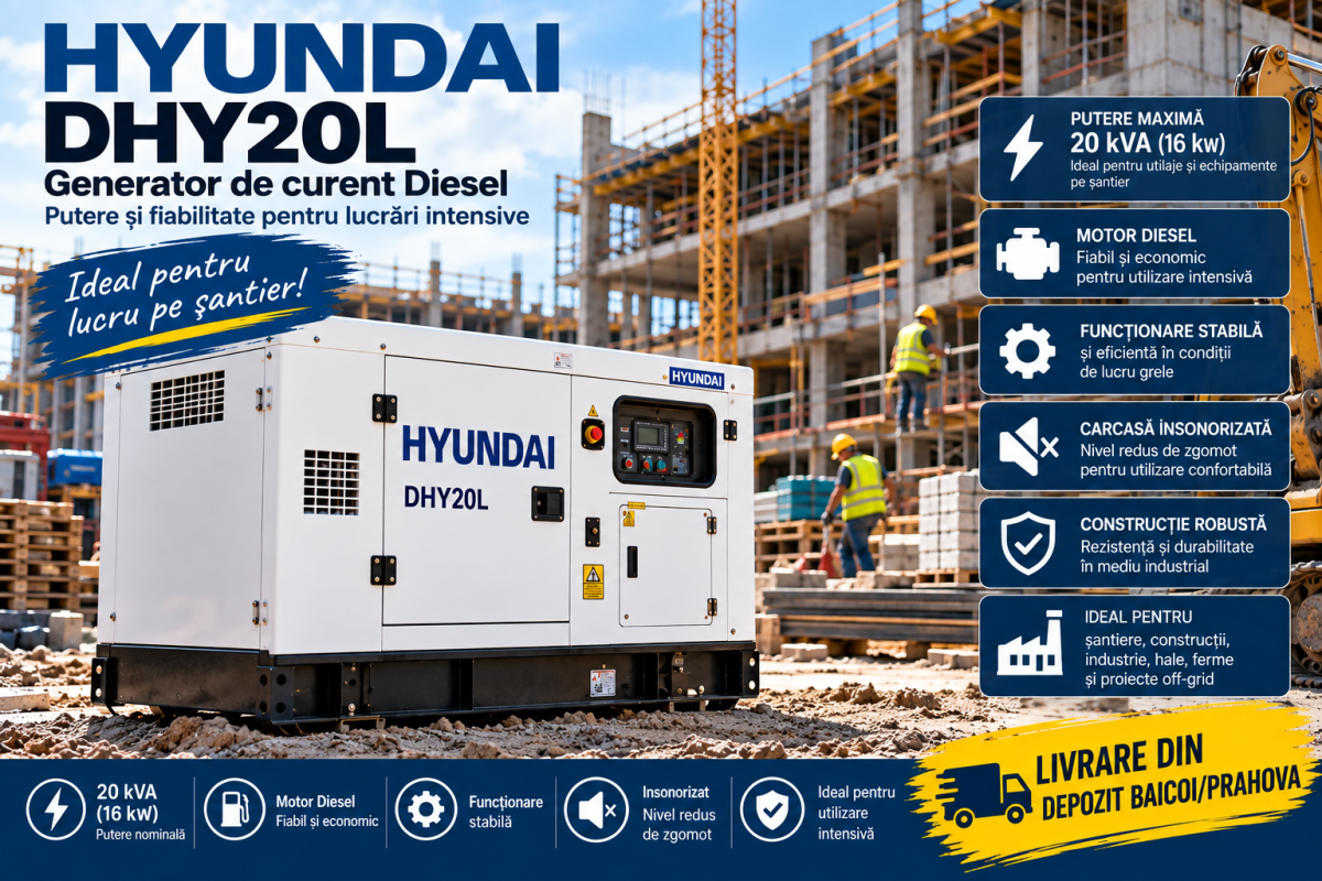 Generator de curent diesel Hyundai DHY20L 20 kVA pentru lucru pe șantier