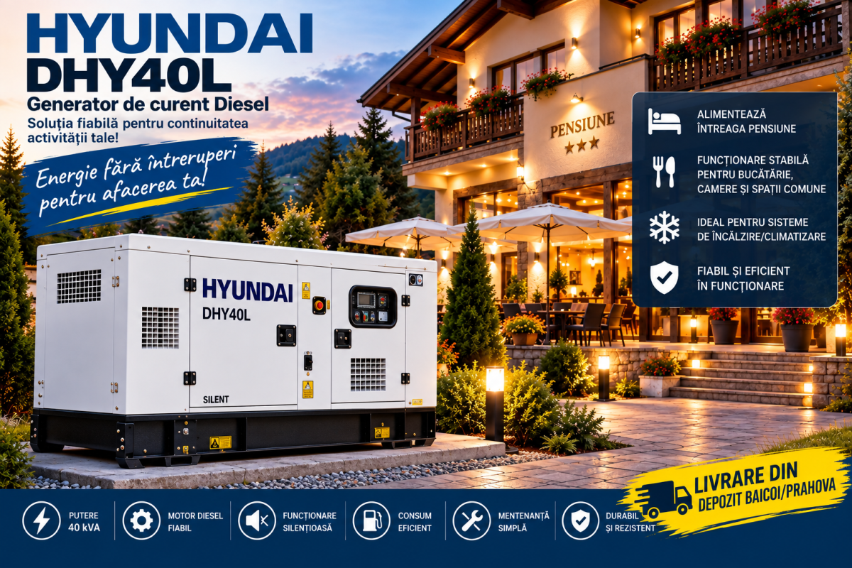 Generator de curent diesel Hyundai DHY40L 40 kVA pentru pensiuni și afaceri