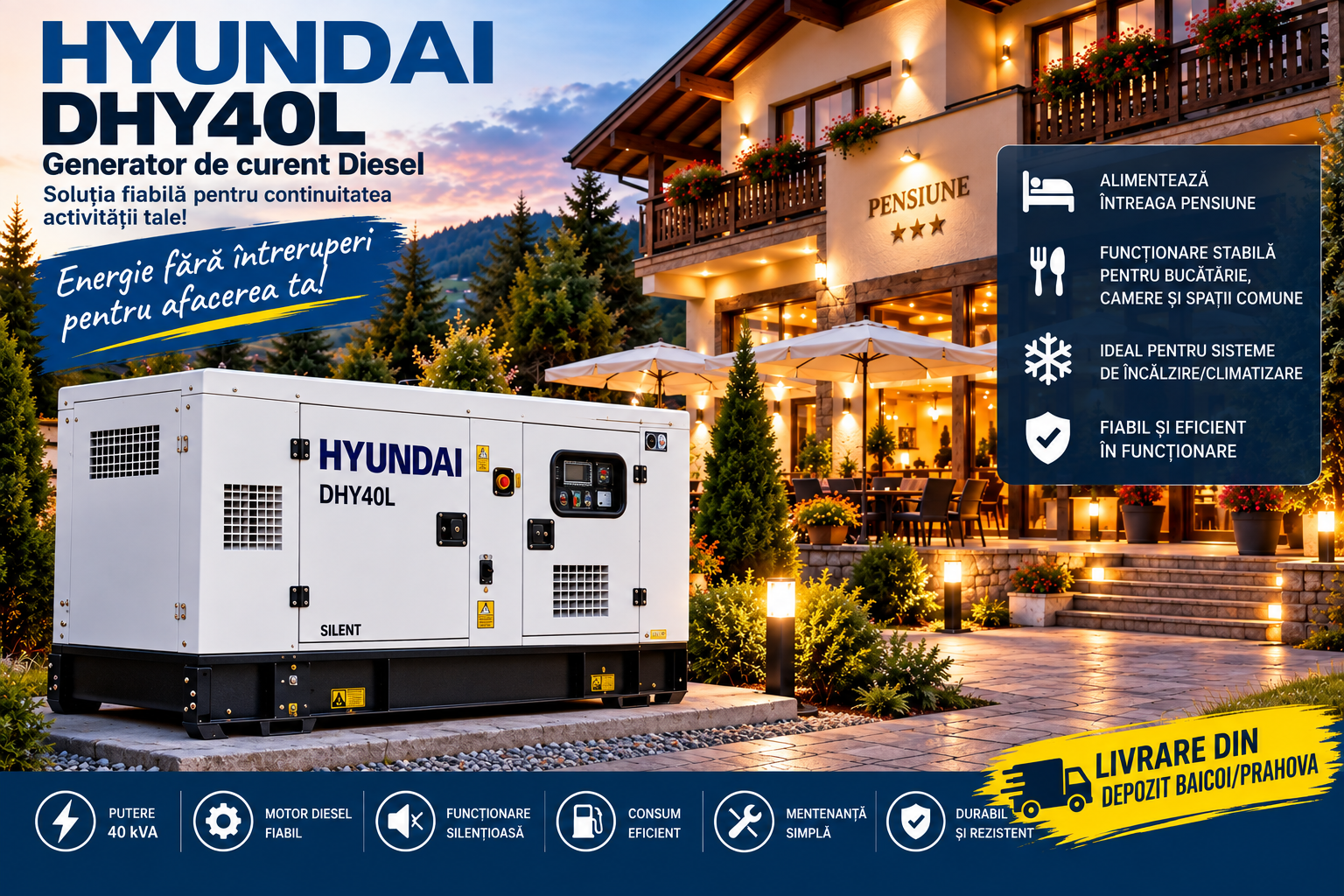Generator de curent Hyundai DHY40L 40 kVA Generator de curent diesel Hyundai DHY40L 40 kVA pentru pensiuni și afaceri