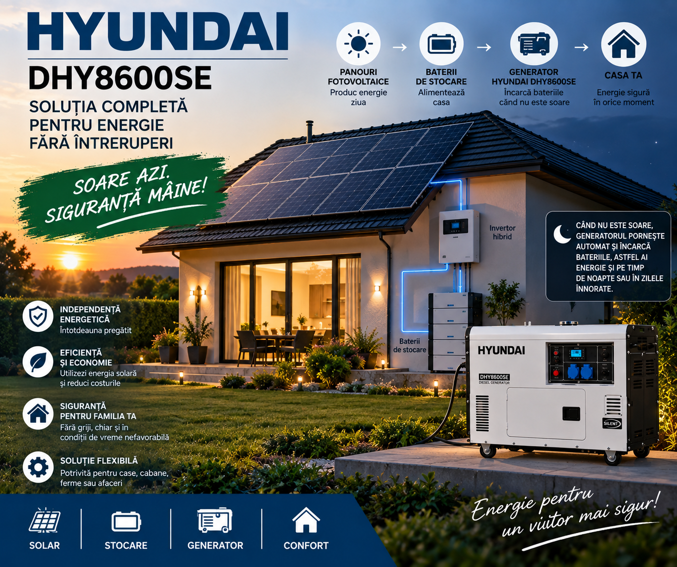 Generator Hyundai DHY8600SE pentru sisteme fotovoltaice și baterii de stocare Generator diesel Hyundai DHY8600SE pentru încărcarea bateriilor unui sistem fotovoltaic atunci când energia solară nu este suficientă
