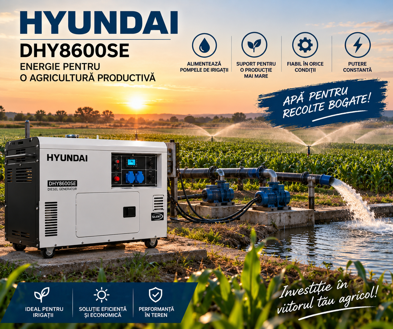 Generator de curent Hyundai DHY8600SE pentru pompe de irigații și agricultură Generator Hyundai DHY8600SE care alimentează pompe electrice pentru irigarea culturilor agricole