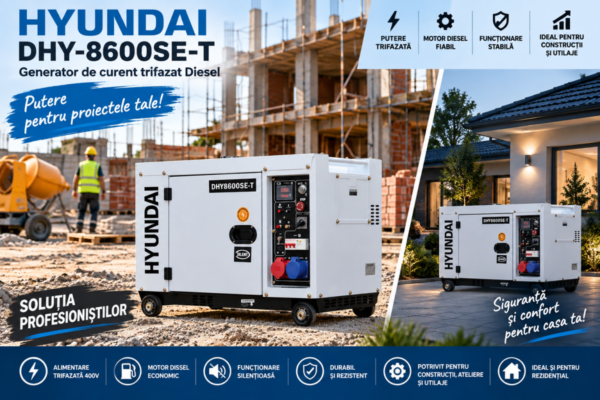 Generator de curent trifazat Diesel Hyundai DHY-8600SE-T pentru alimentare rezidențială și șantier