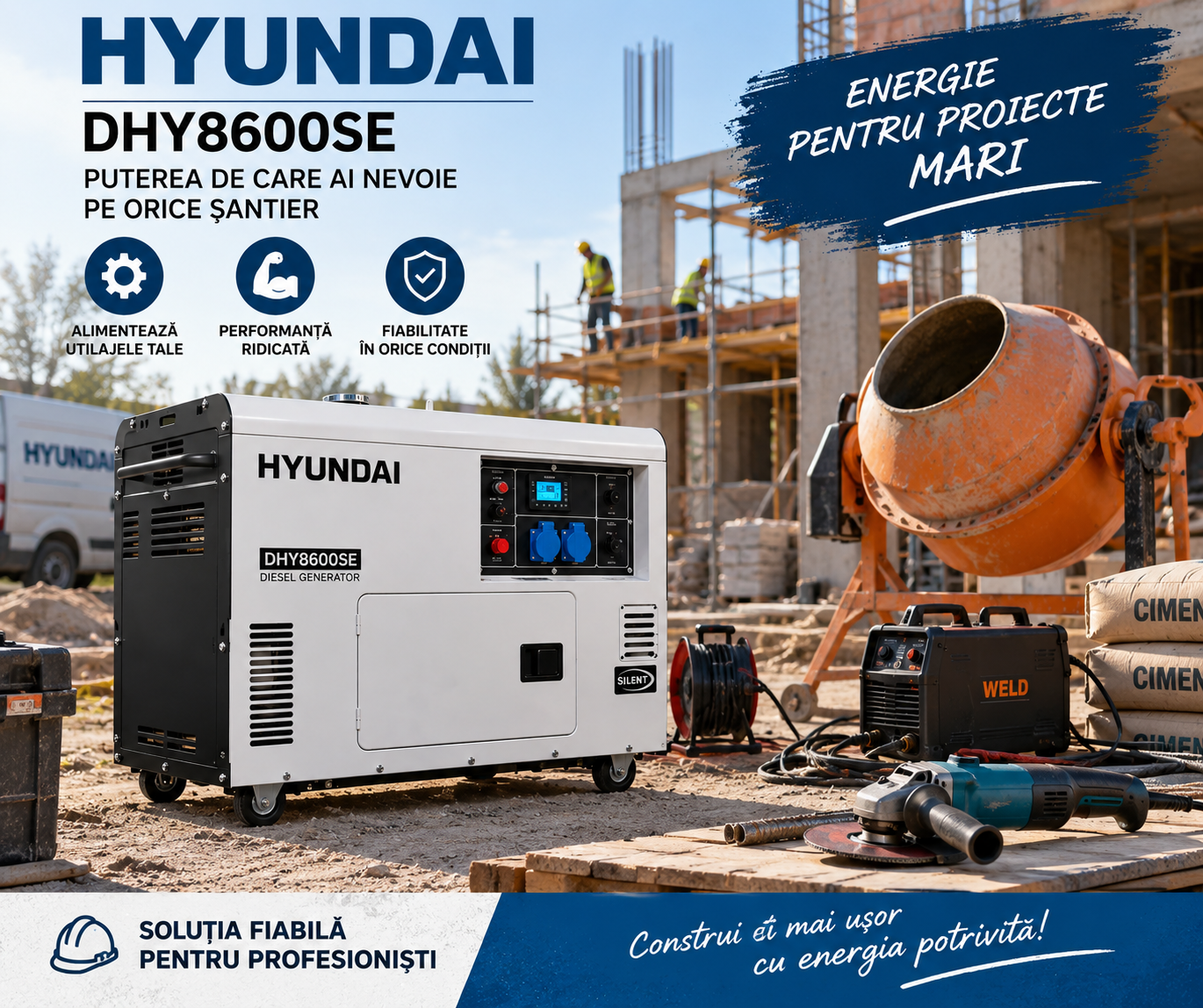 Generator de curent Hyundai DHY8600SE pentru șantier și construcții Generator diesel Hyundai DHY8600SE utilizat pentru alimentarea utilajelor și sculelor pe șantier